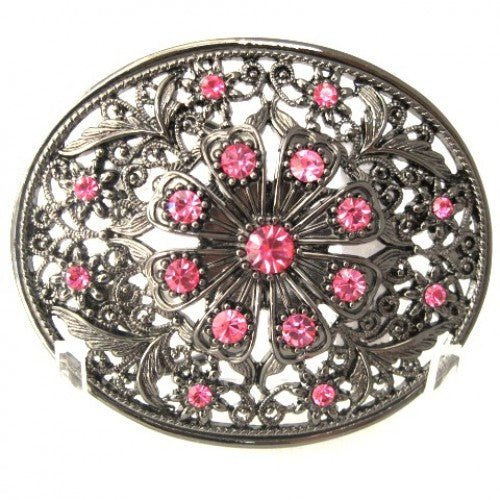 Pink Crystal Starburst Flower Oval Women's Belt Buckle