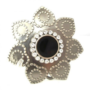 
                  
                    Gunmetal Flower Women's Belt Buckle With Rhinestones and Black Enamel
                  
                