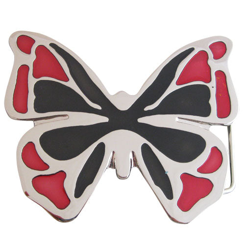 Silver Butterfly Women's Belt Buckle with Red and Black Inlay Detail