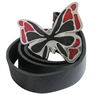 
                  
                    Silver Butterfly Women's Belt Buckle with Red and Black Inlay Detail
                  
                