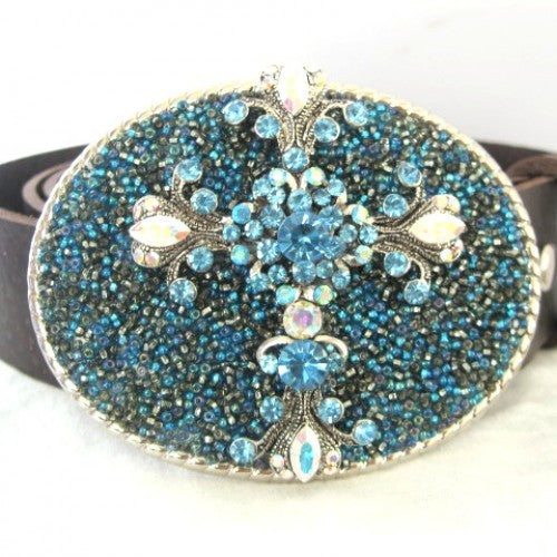 
                  
                    Kimberly Grace- Aqua Rhinestone Cross Womens Belt Buckle
                  
                