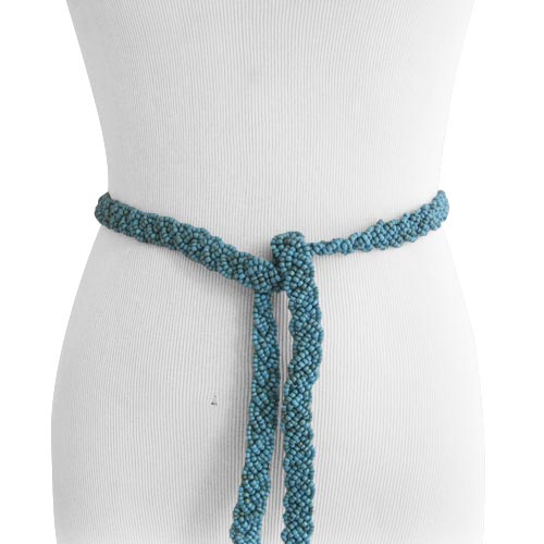 Turquoise Braid Beaded Women's Belt with Natural Wood Buckle