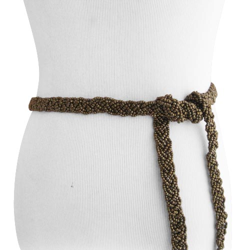 Antique Gold Braid Beaded Women's Belt with Natural Wood Buckle