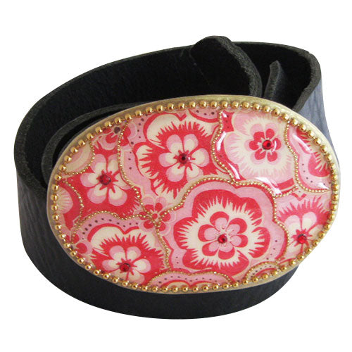 
                  
                    Handmade Women’s Belt Buckle- Pink Flower Outlined with Mini Gold Beading
                  
                