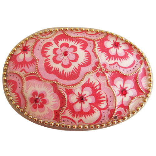 
                  
                    Handmade Women’s Belt Buckle- Pink Flower Outlined with Mini Gold Beading
                  
                