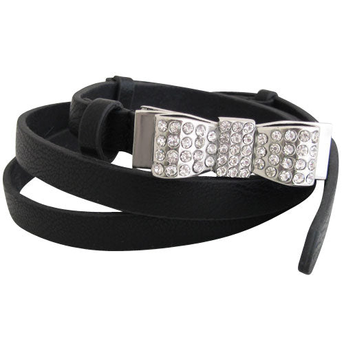 Black genuine leather belt with rhinestone encrusted silver bow clasp