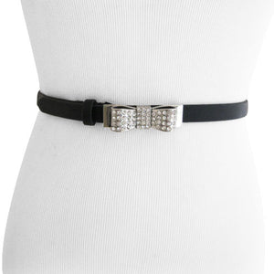 
                  
                    Black genuine leather belt with rhinestone encrusted silver bow clasp
                  
                