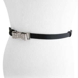 
                  
                    Black genuine leather belt with rhinestone encrusted silver bow clasp
                  
                