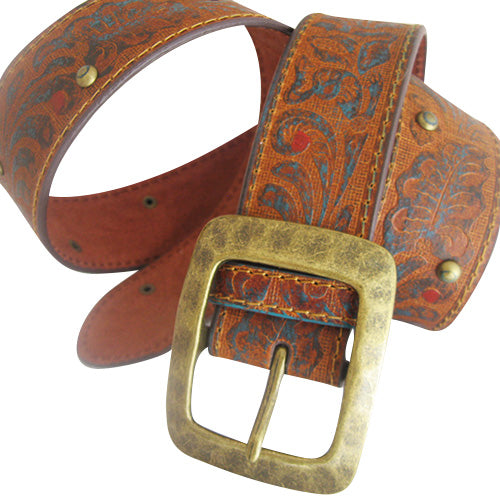 Genuine Leather Embossed Belt With Square Antique Gold Buckle