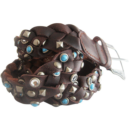 
                  
                    Genuine Leather Braided Belt Rhinestone, Silver Tone Stud and Turquoise Accented Belt
                  
                