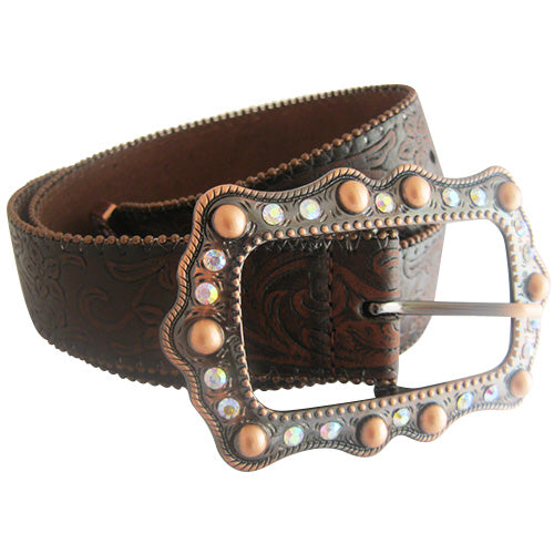 Etched Genuine Leather Belt with Stunning Rose Gold Bejeweled Buckle and Belt Tip