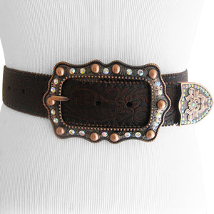 
                  
                    Etched Genuine Leather Belt with Stunning Rose Gold Bejeweled Buckle and Belt Tip
                  
                