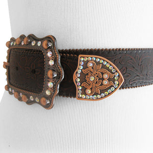 
                  
                    Etched Genuine Leather Belt with Stunning Rose Gold Bejeweled Buckle and Belt Tip
                  
                