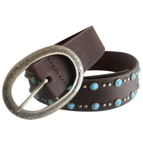 Genuine Leather Brown Belt with Silver and Turquoise Accents  display picture 1