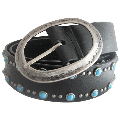 Genuine Leather Black Belt with Silver and Turquoise Accents