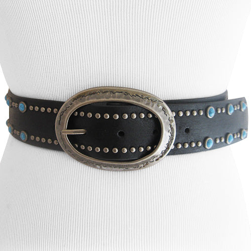 
                  
                    Genuine Leather Black Belt with Silver and Turquoise Accents
                  
                