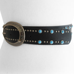 
                  
                    Genuine Leather Black Belt with Silver and Turquoise Accents
                  
                