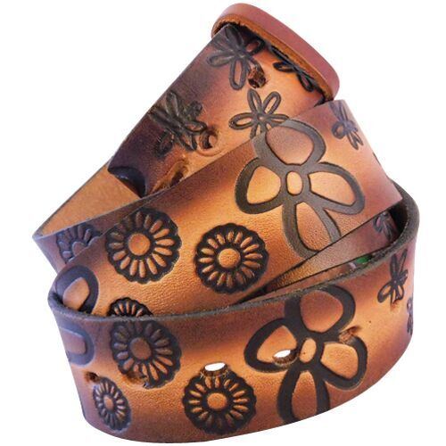 Embossed Daisies Brown - Genuine Tooled Leather Interchangeable Belt Strap. STRAP ONLY!