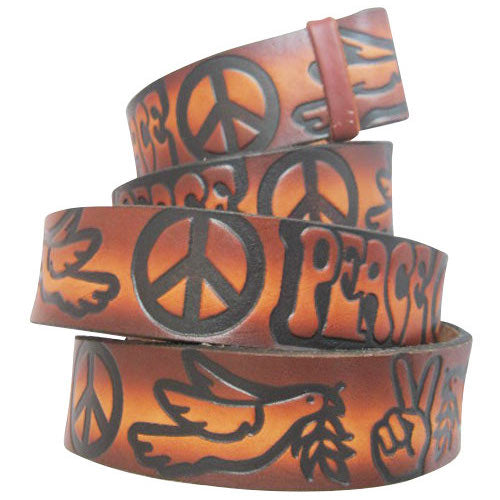 Embossed Love & Peace Sign Brown- Genuine Tooled Interchangeable Leather Belt Strap. STRAP ONLY!
