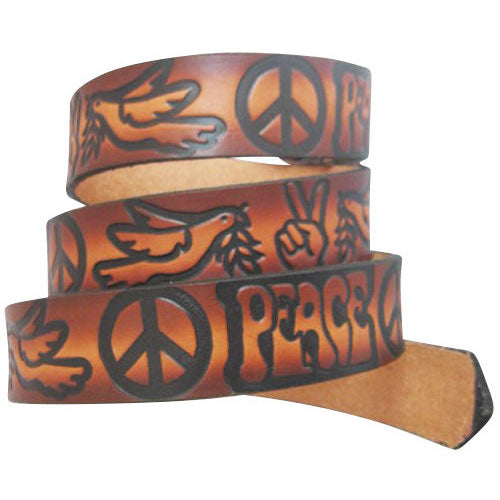 
                  
                    Embossed Love & Peace Sign Brown- Genuine Tooled Interchangeable Leather Belt Strap. STRAP ONLY!
                  
                