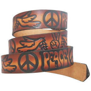 
                  
                    Embossed Love & Peace Sign Brown- Genuine Tooled Interchangeable Leather Belt Strap. STRAP ONLY!
                  
                