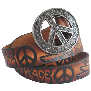 
                  
                    Embossed Love & Peace Sign Brown- Genuine Tooled Interchangeable Leather Belt Strap. STRAP ONLY!
                  
                
