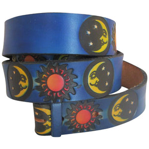 
                  
                    Embossed Sun & Moon Royal Blue- Genuine Tooled Leather Interchangeable Belt Strap. STRAP ONLY!
                  
                