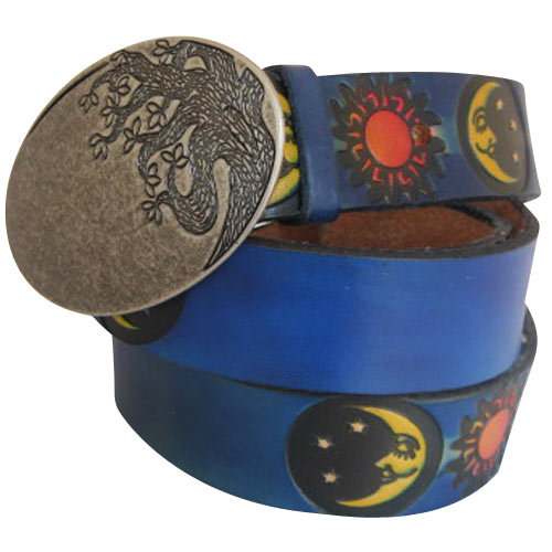 
                  
                    Embossed Sun & Moon Royal Blue- Genuine Tooled Leather Interchangeable Belt Strap. STRAP ONLY!
                  
                