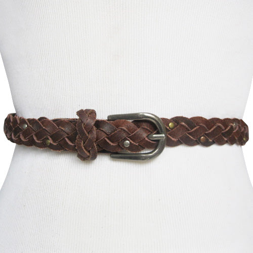 
                  
                    Dark Brown Skinny Braided Belt with Bronze, Silver and Brass Micro Studs
                  
                