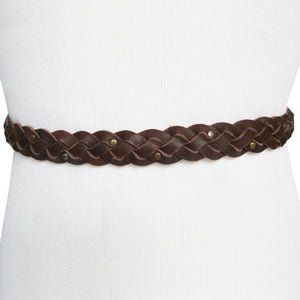 
                  
                    Dark Brown Skinny Braided Belt with Bronze, Silver and Brass Micro Studs
                  
                