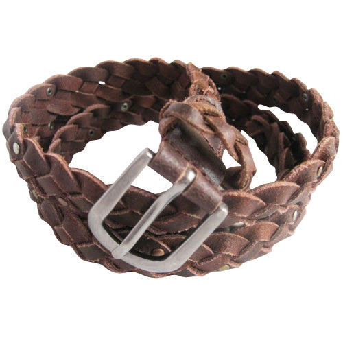 Dark Brown Skinny Braided Belt with Bronze, Silver and Brass Micro Studs