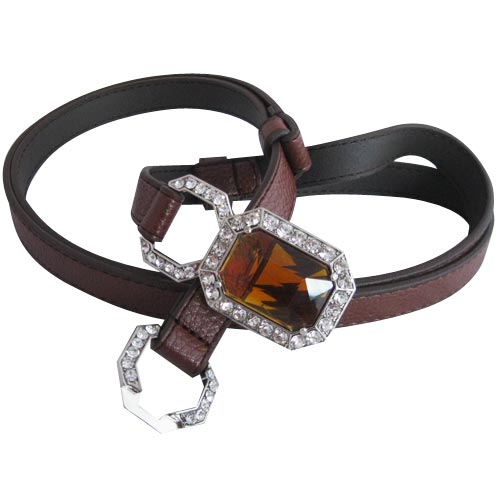 Thin Brown Faux Leather Belt with Rhinestone and Amber Stone Closure