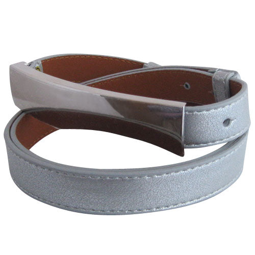 Thin Silver Faux Leather womens Belt with Modern Silver Buckle