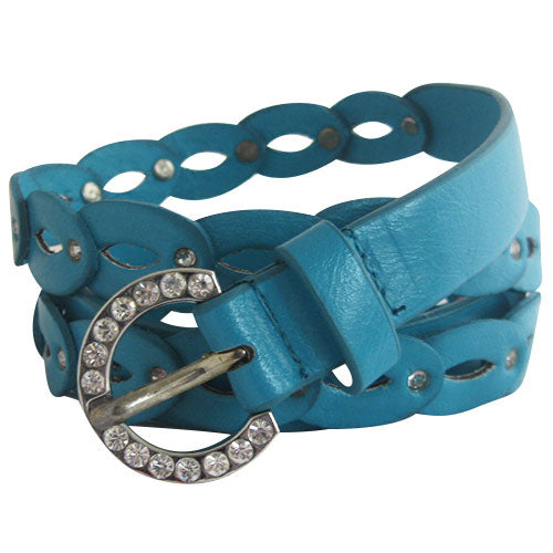 Turquoise Leather-Look Link Belt with Rhinestone Rivets